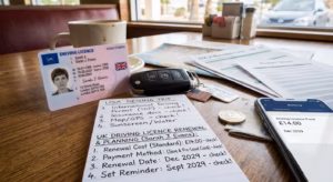 UK driving licence renewal costs and payment planning on a desk