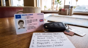 UK driving licence and car keys for a trip driving in the USA