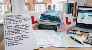 UK driving theory test preparation materials and paperwork on a desk